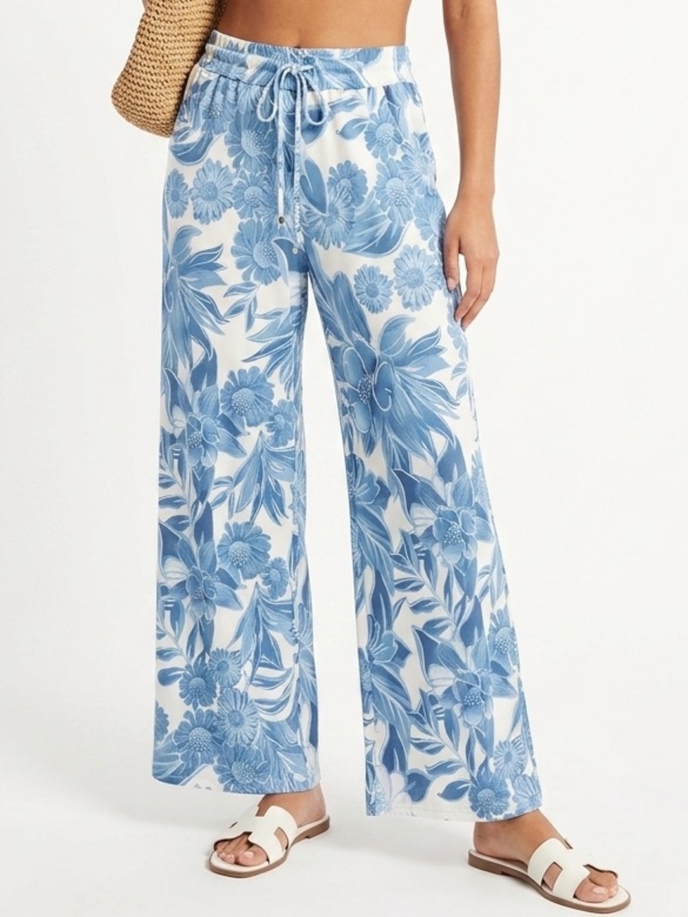 Beach Break Cover-up Wide Leg Pants Blue Ivory Floral Size L large EUC DDR $75